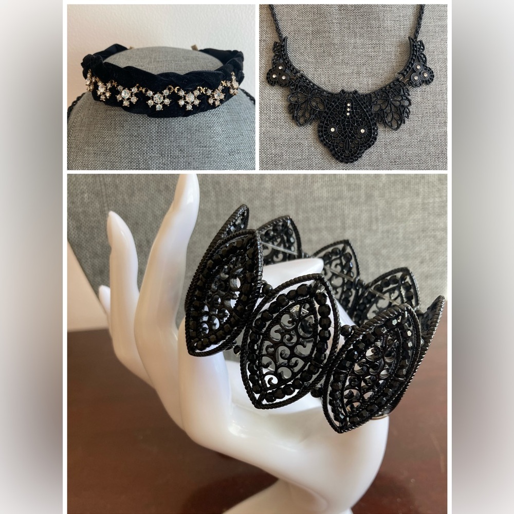 3 Piece Black Necklace, Choker and Bracelet Set
